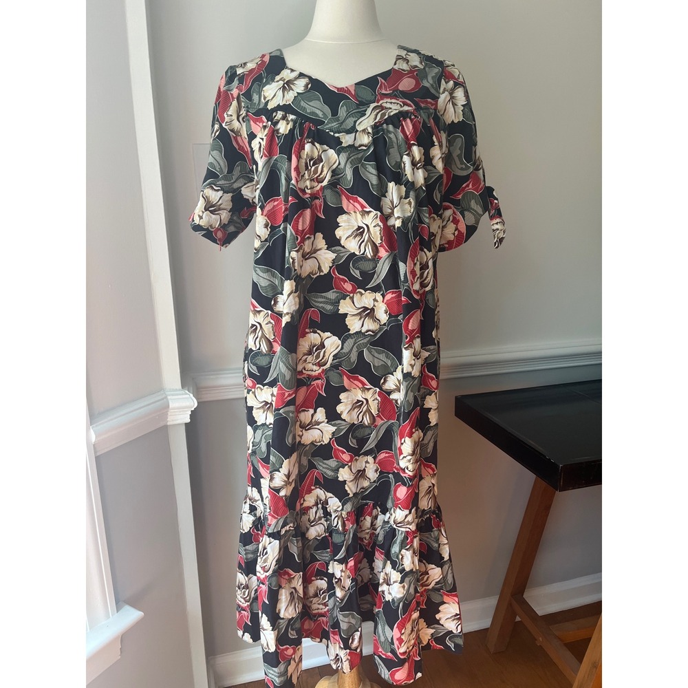 Vintage Malhini Hawaii Hawaiian Tiered Floral Midi Dress Size Large Black Red